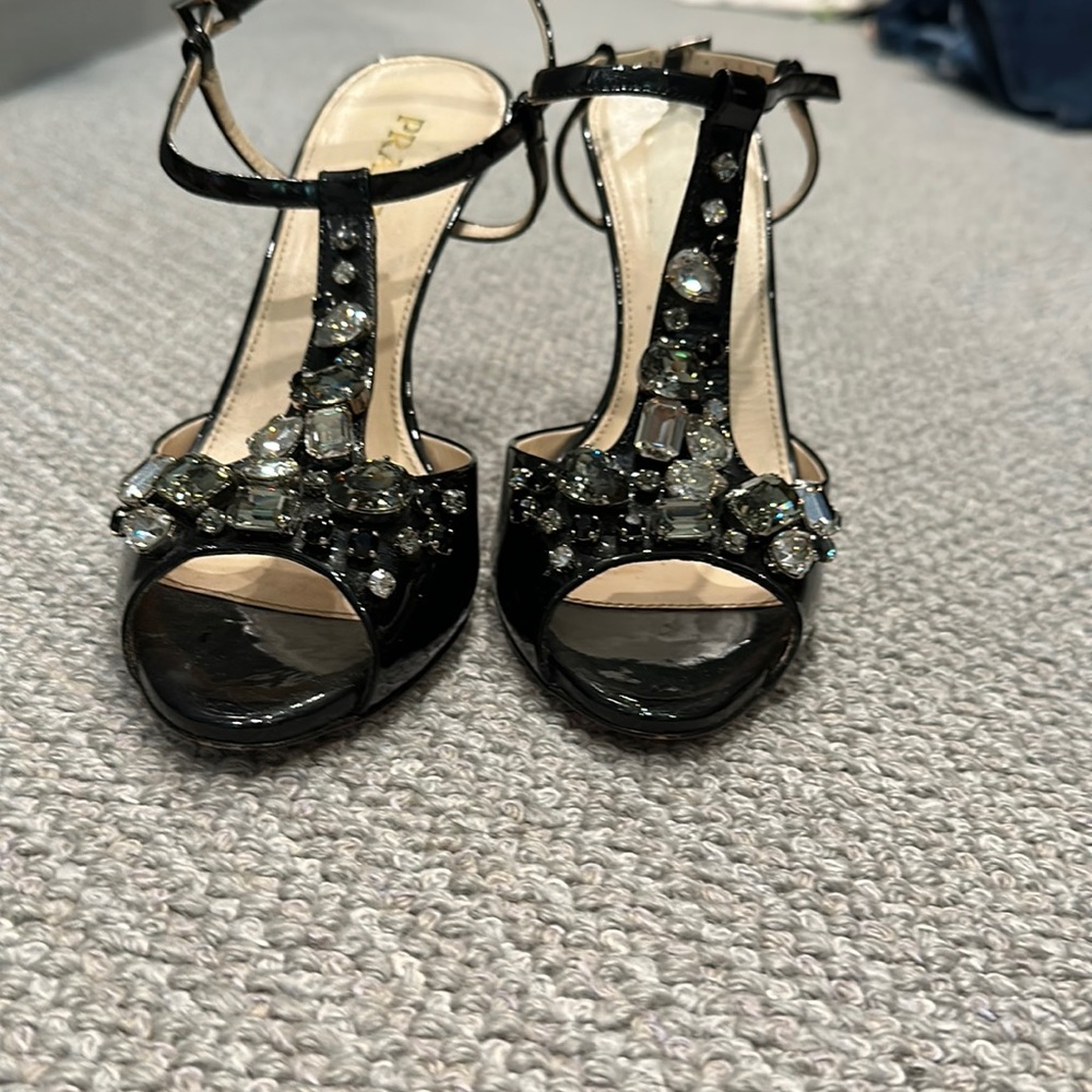Prada jeweled sandals. Black patent